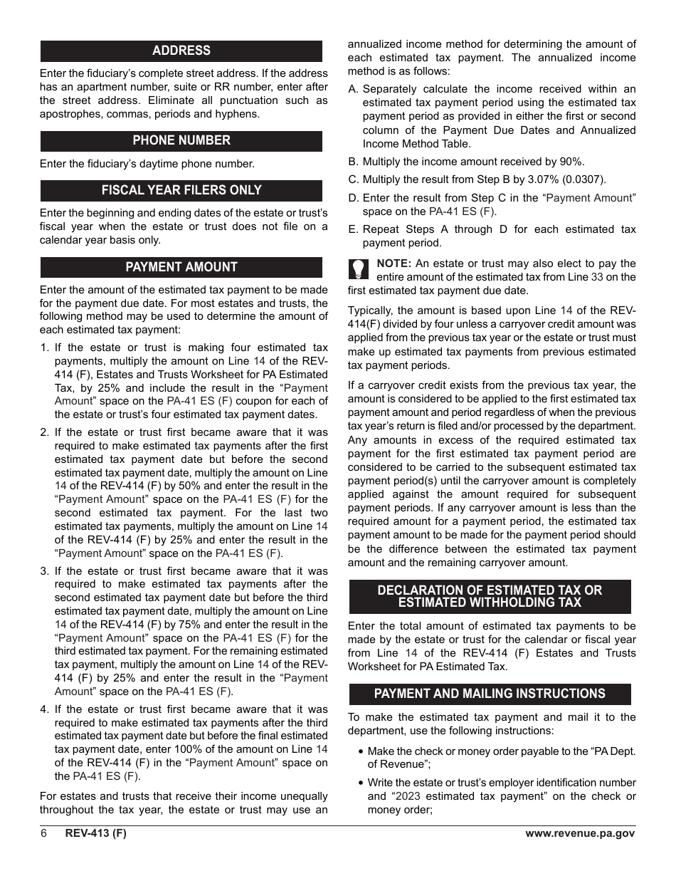 Instructions for Form REV-414 (F), PA-41 ES (F) - Pennsylvania, Page 6