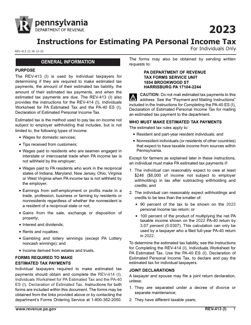 Instructions for Form REV-414 (I), PA-40 ES (I) - Pennsylvania, 2023