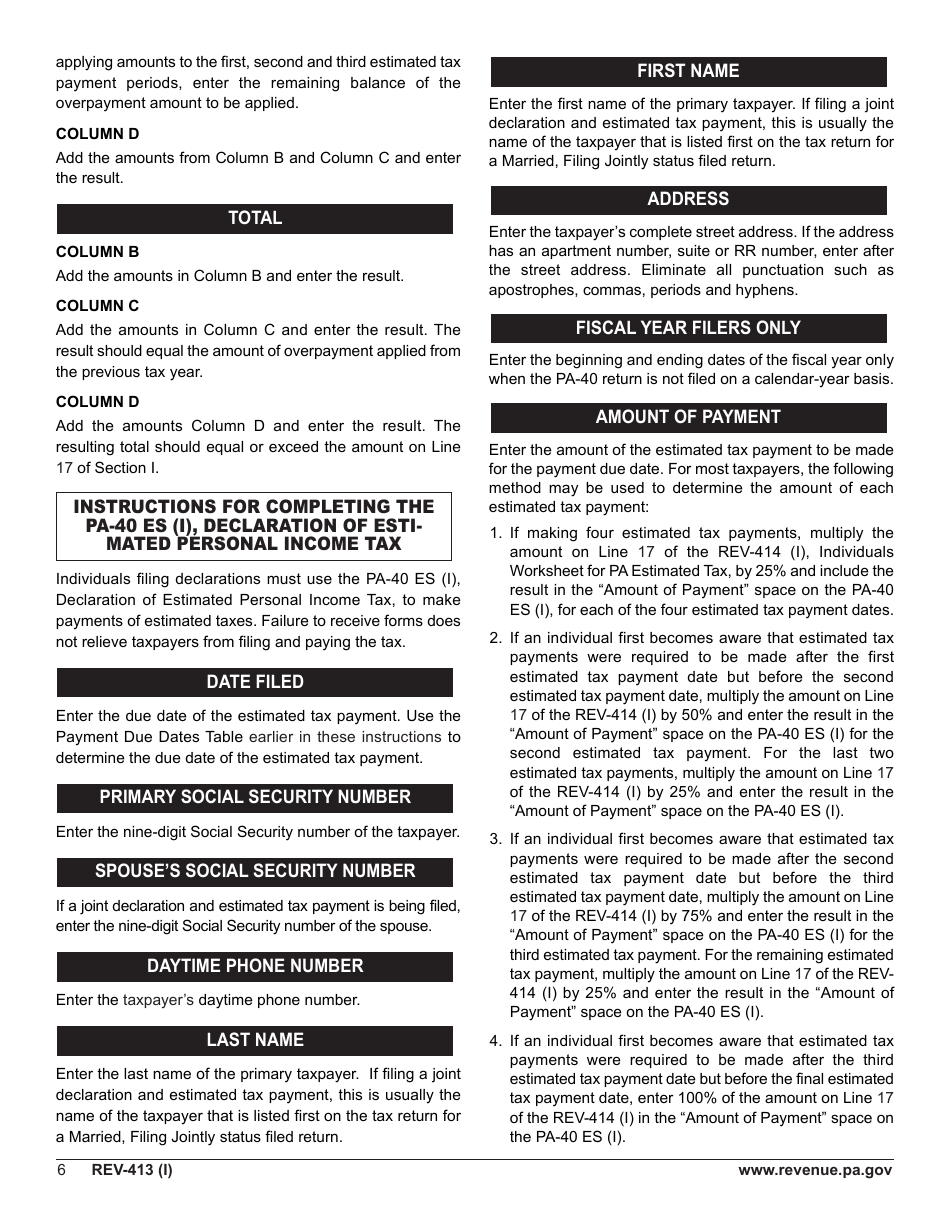 Instructions for Form REV-414 (I), PA-40 ES (I) - Pennsylvania, Page 6