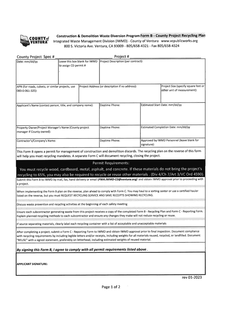 Form B Download Printable PDF or Fill Online County Project Recycling