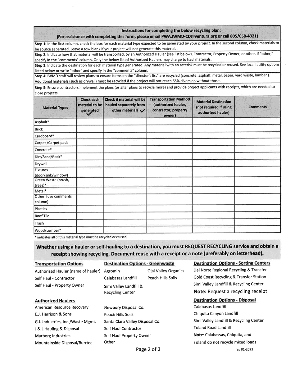 Form B County Project Recycling Plan - Construction  Demolition Waste Diversion Program - County of Ventura, California, Page 2