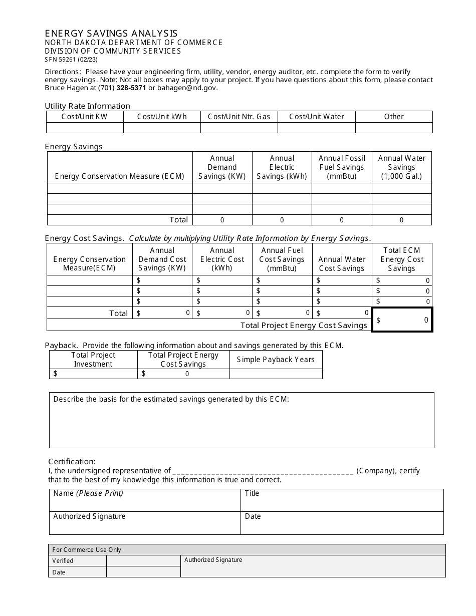 Form SFN59261 Energy Savings Analysis - North Dakota, Page 1