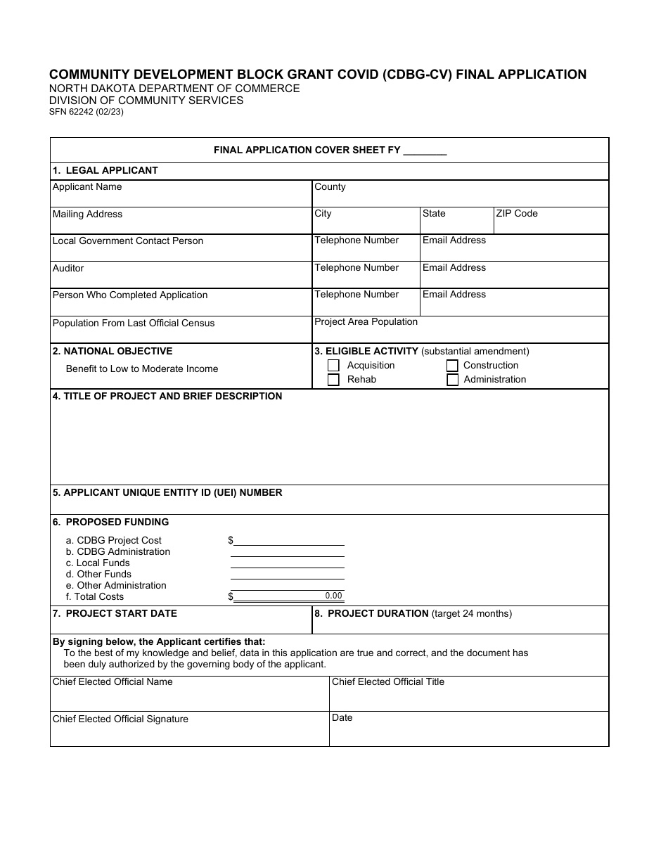 Form SFN62242 Community Development Block Grant Covid (Cdbg-Cv) Final Application - North Dakota, Page 1