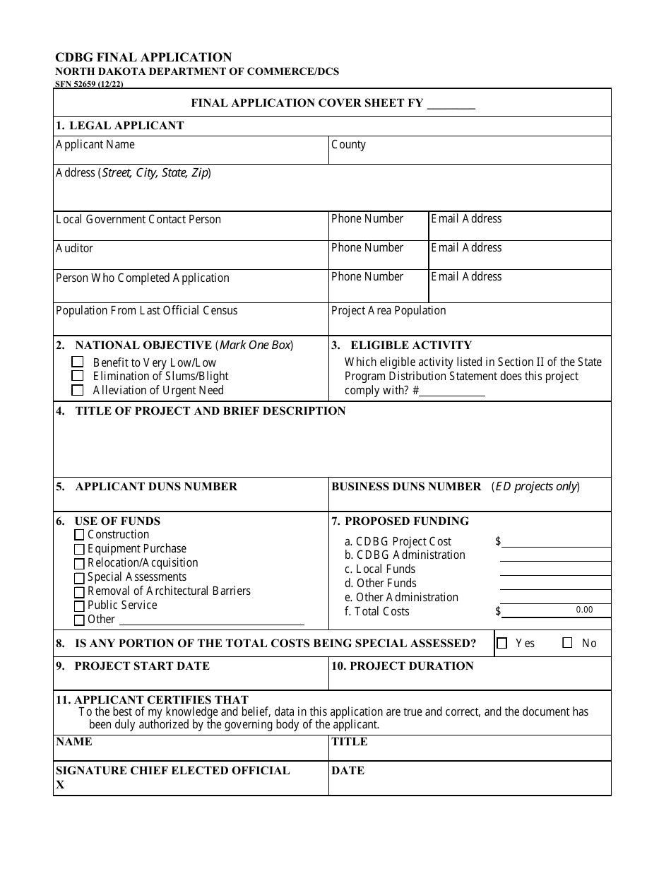 Form SFN52659 Cdbg Final Application - North Dakota, Page 1