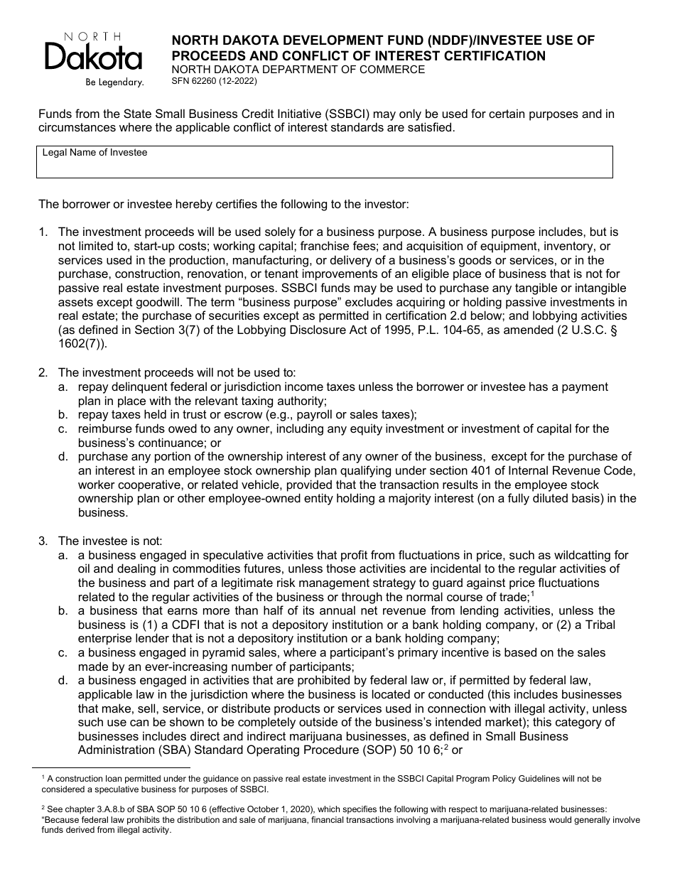 Form SFN62260 North Dakota Development Fund (Nddf) / Investee Use of Proceeds and Conflict of Interest Certification - North Dakota, Page 1