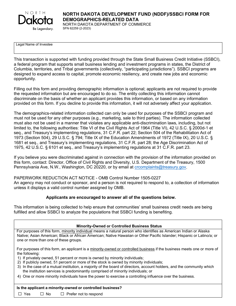 Form SFN62259 North Dakota Development Fund (Nddf) / Ssbci Form for Demographics-Related Data - North Dakota, Page 1