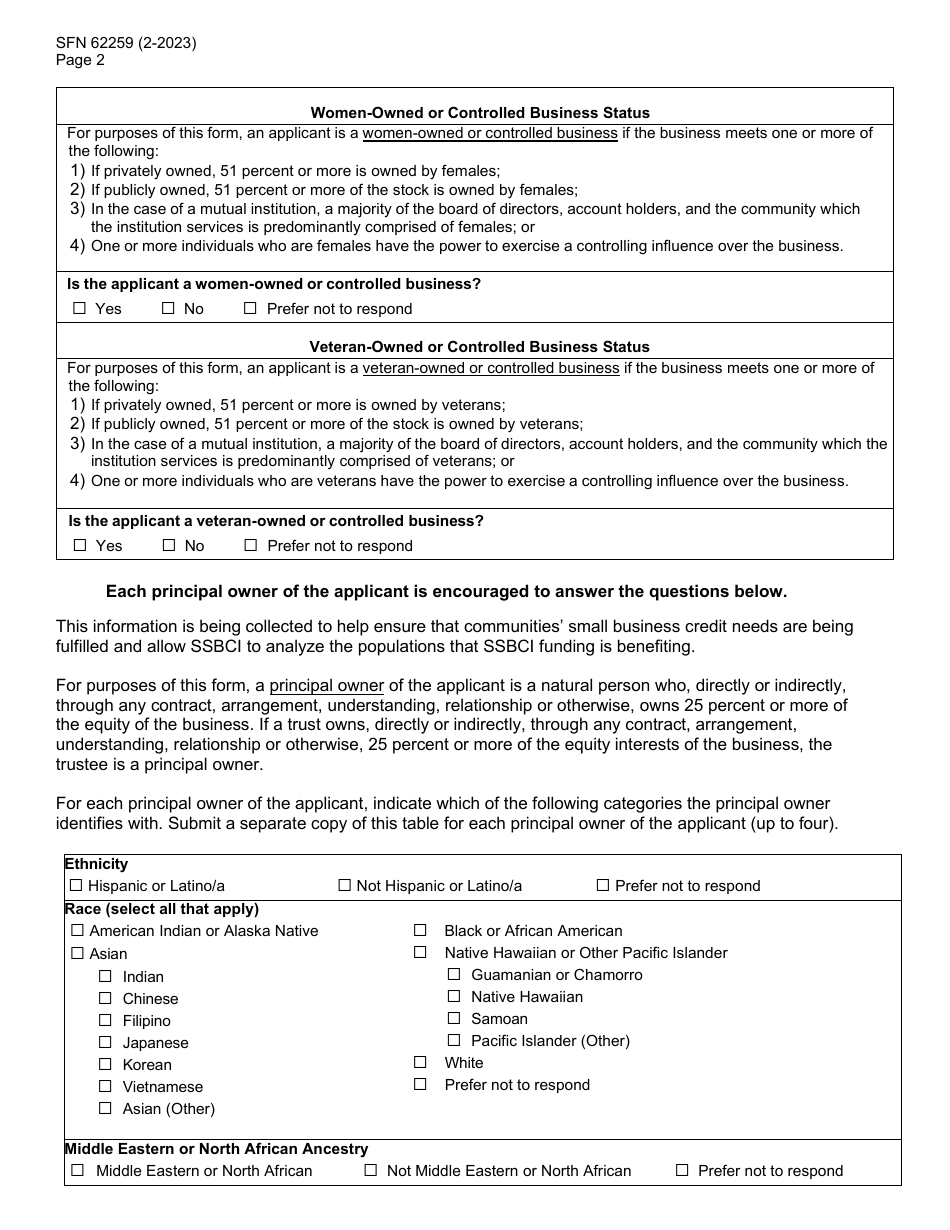 Form SFN62259 North Dakota Development Fund (Nddf) / Ssbci Form for Demographics-Related Data - North Dakota, Page 2