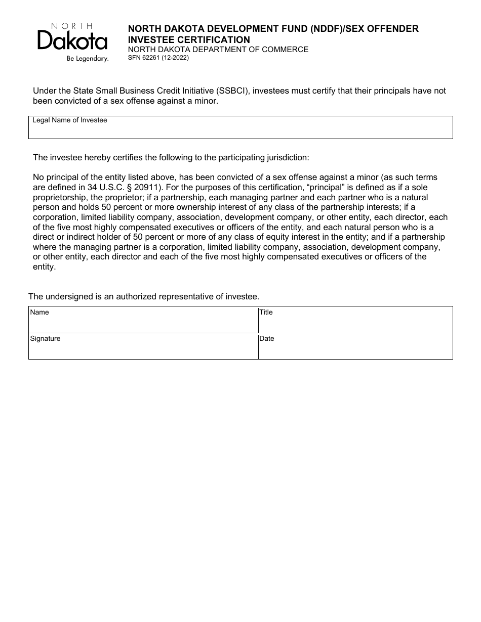 Form SFN62261 North Dakota Development Fund (Nddf) / Sex Offender Investee Certification - North Dakota, Page 1