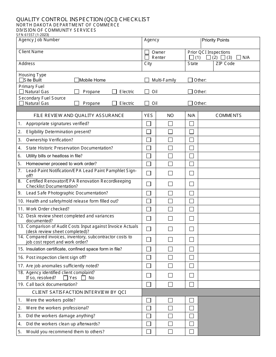 Form SFN61557 Quality Control Inspection (Qci) Checklist - North Dakota, Page 1