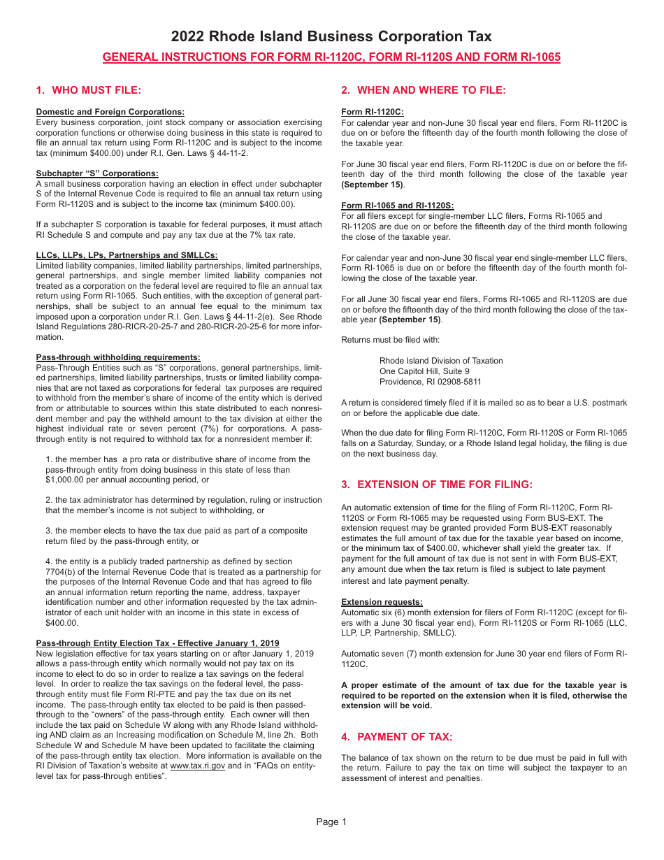 Instructions for Form RI-1120C, RI-1120S, RI-1065 - Rhode Island, Page 1