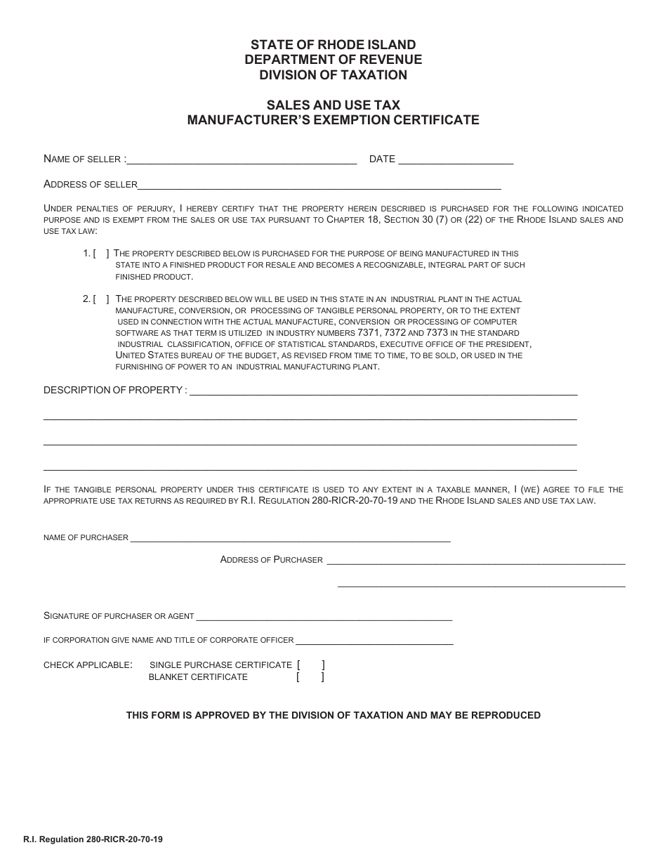 Sales and Use Tax Manufacturers Exemption Certificate - Rhode Island, Page 1