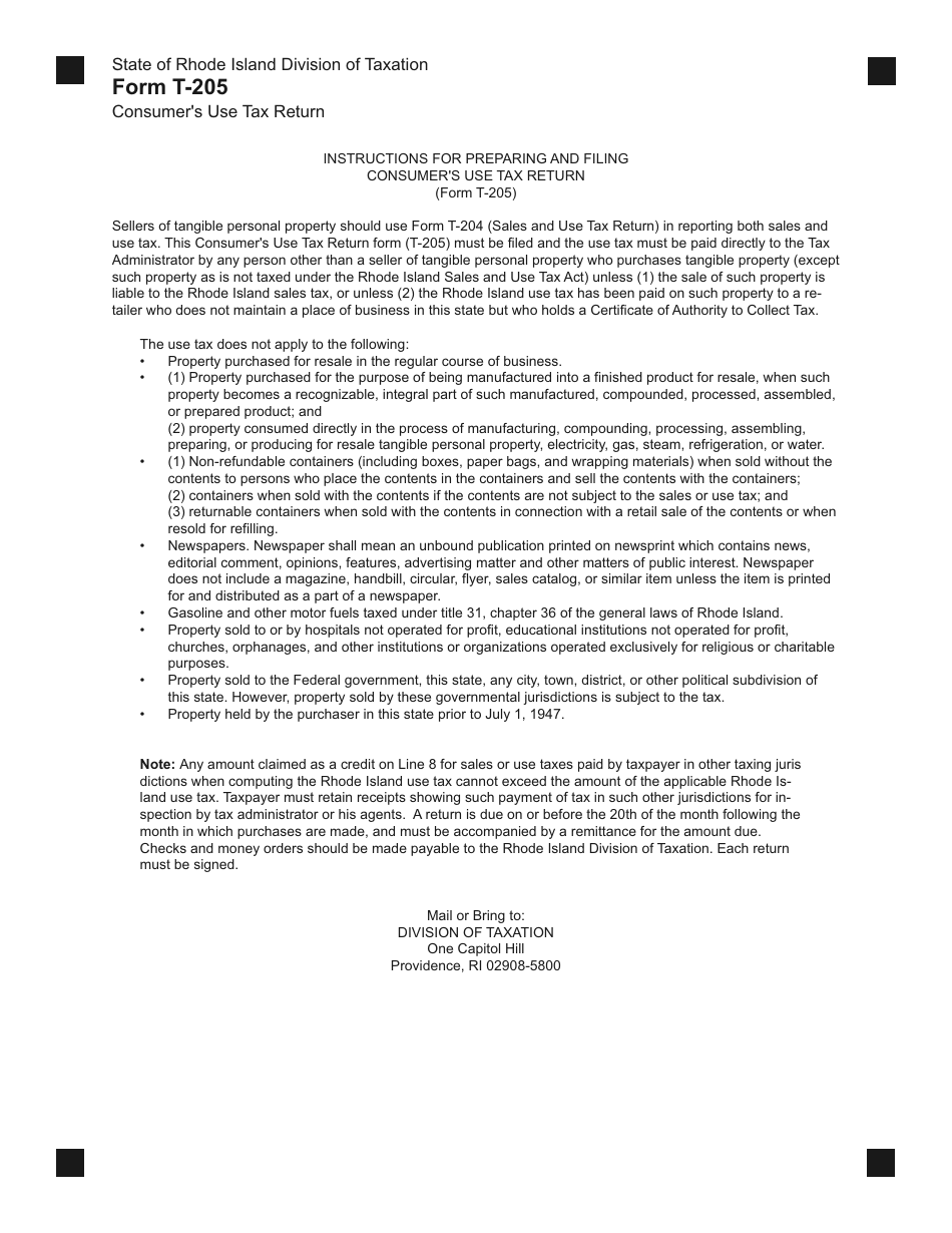 Form T-205 Consumers Use Tax Return - Rhode Island, Page 3