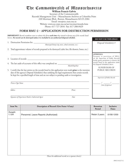 Form RMU-2 Application for Destruction Permission - Massachusetts