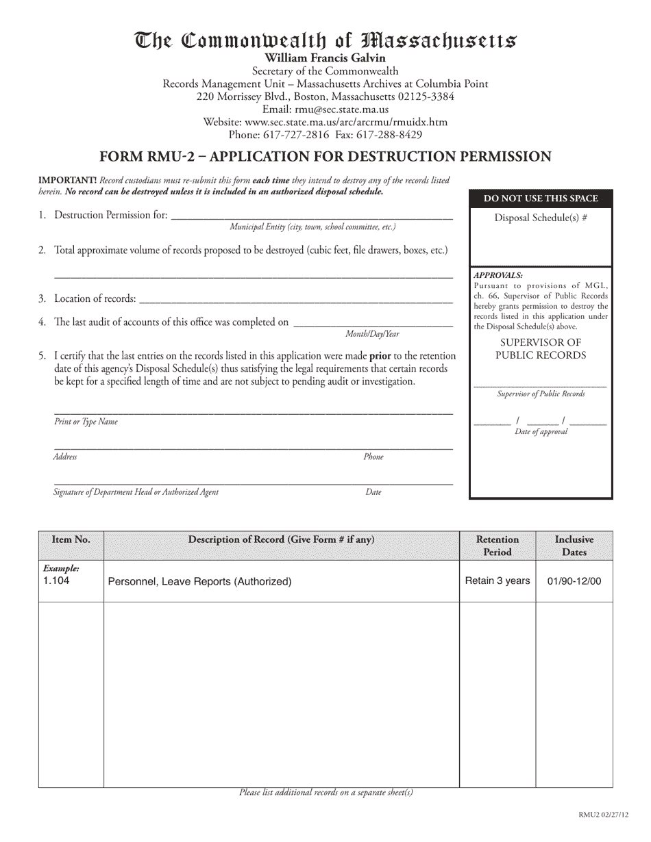 Form RMU2 Fill Out, Sign Online and Download Fillable PDF