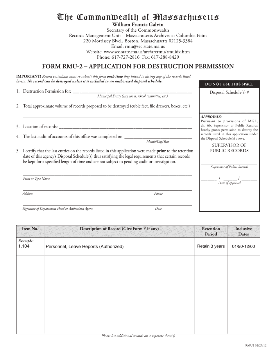 Form RMU-2 Application for Destruction Permission - Massachusetts, Page 1