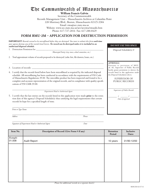 Form RMU-2M Application for Destruction Permission - Massachusetts