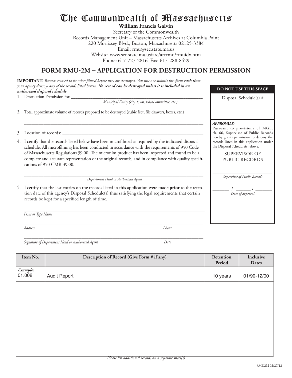 Form RMU-2M Application for Destruction Permission - Massachusetts, Page 1