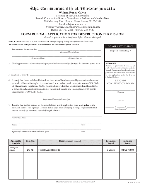 Form RCB-2M Application for Destruction Permission - Massachusetts