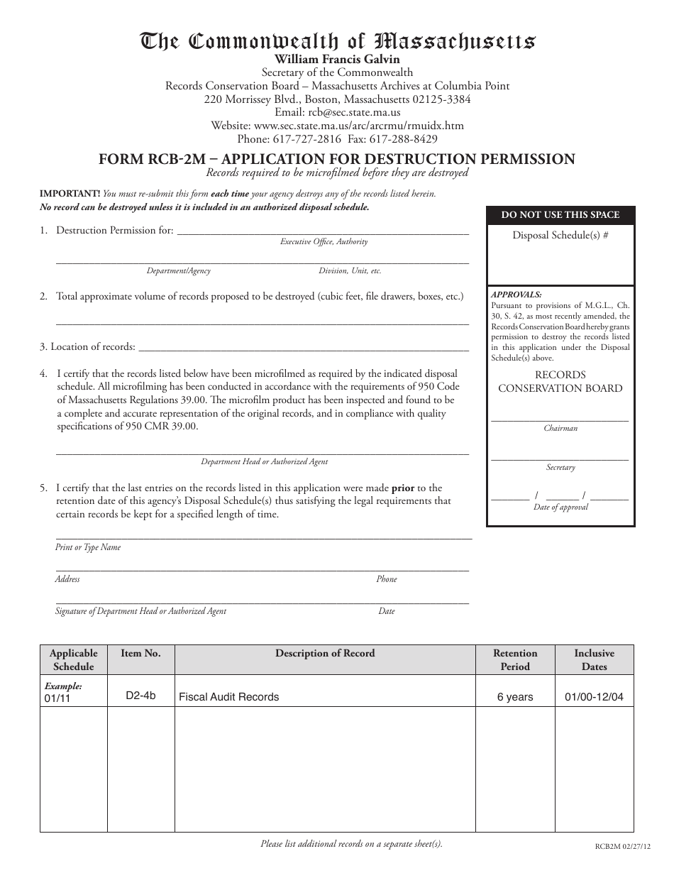Form RCB-2M Application for Destruction Permission - Massachusetts, Page 1