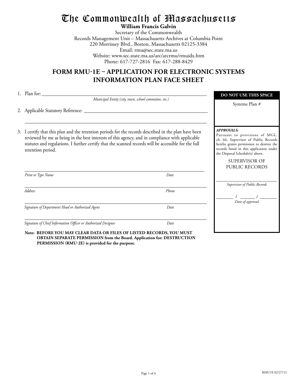 Form RMU-1E Application for Electronic Systems Information Plan Face Sheet - Massachusetts, Page 1