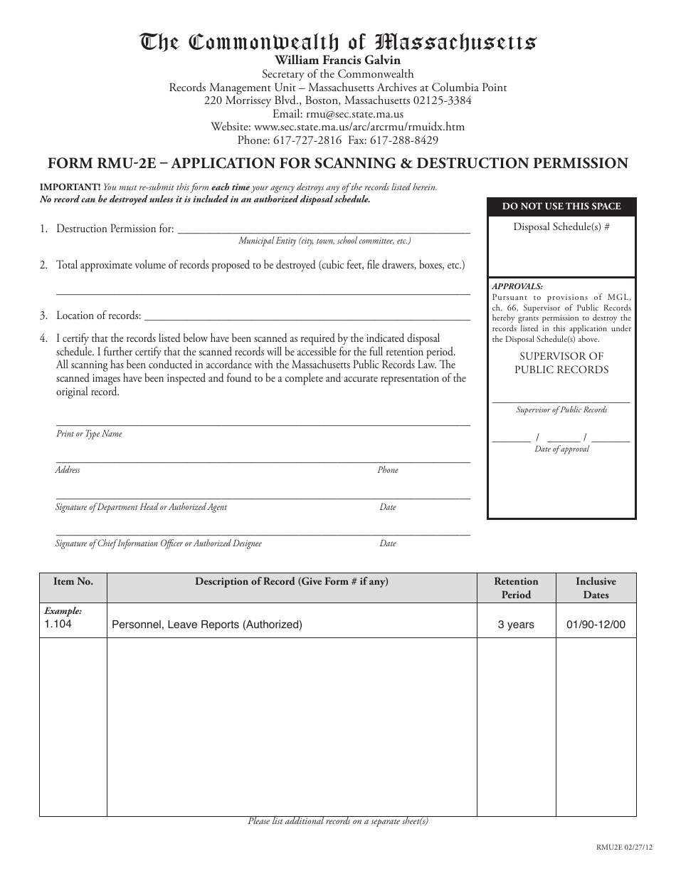 Form RMU-2E Application for Scanning  Destruction Permission - Massachusetts, Page 1
