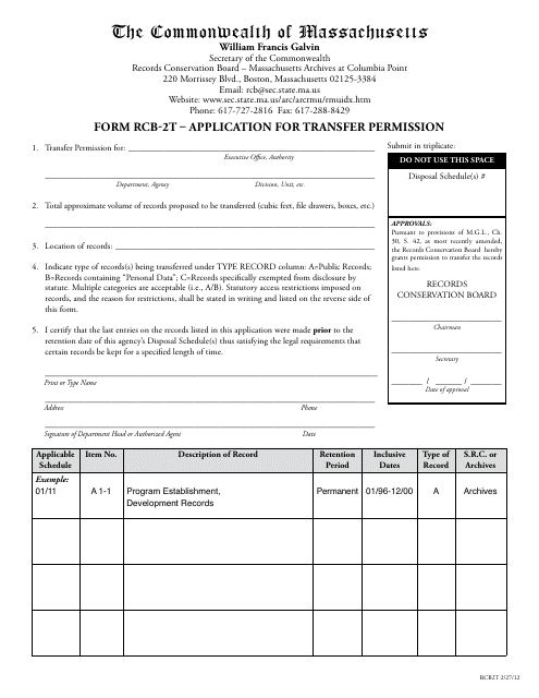 Form RCB-2T Application for Transfer Permission - Massachusetts