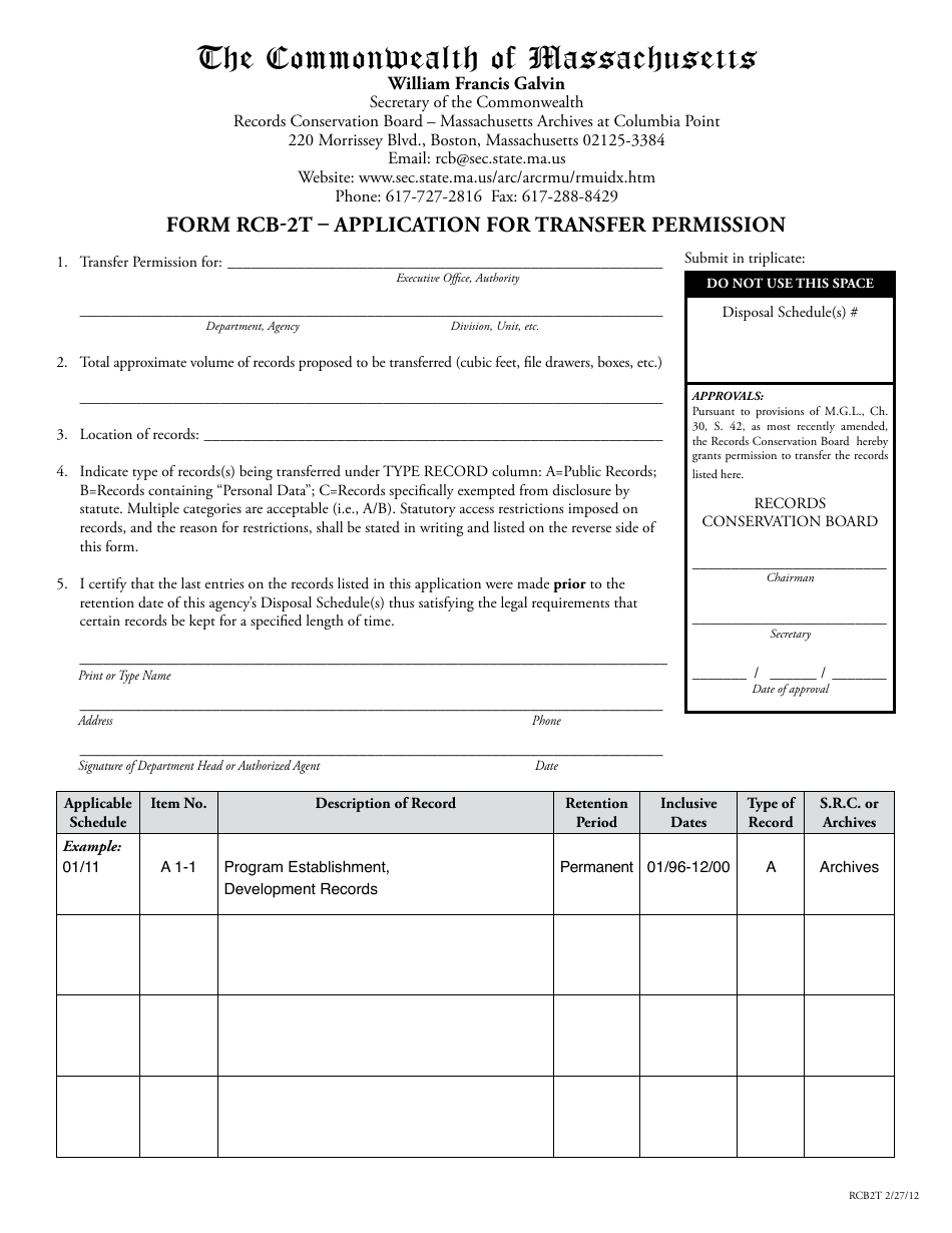 Form RCB-2T Application for Transfer Permission - Massachusetts, Page 1