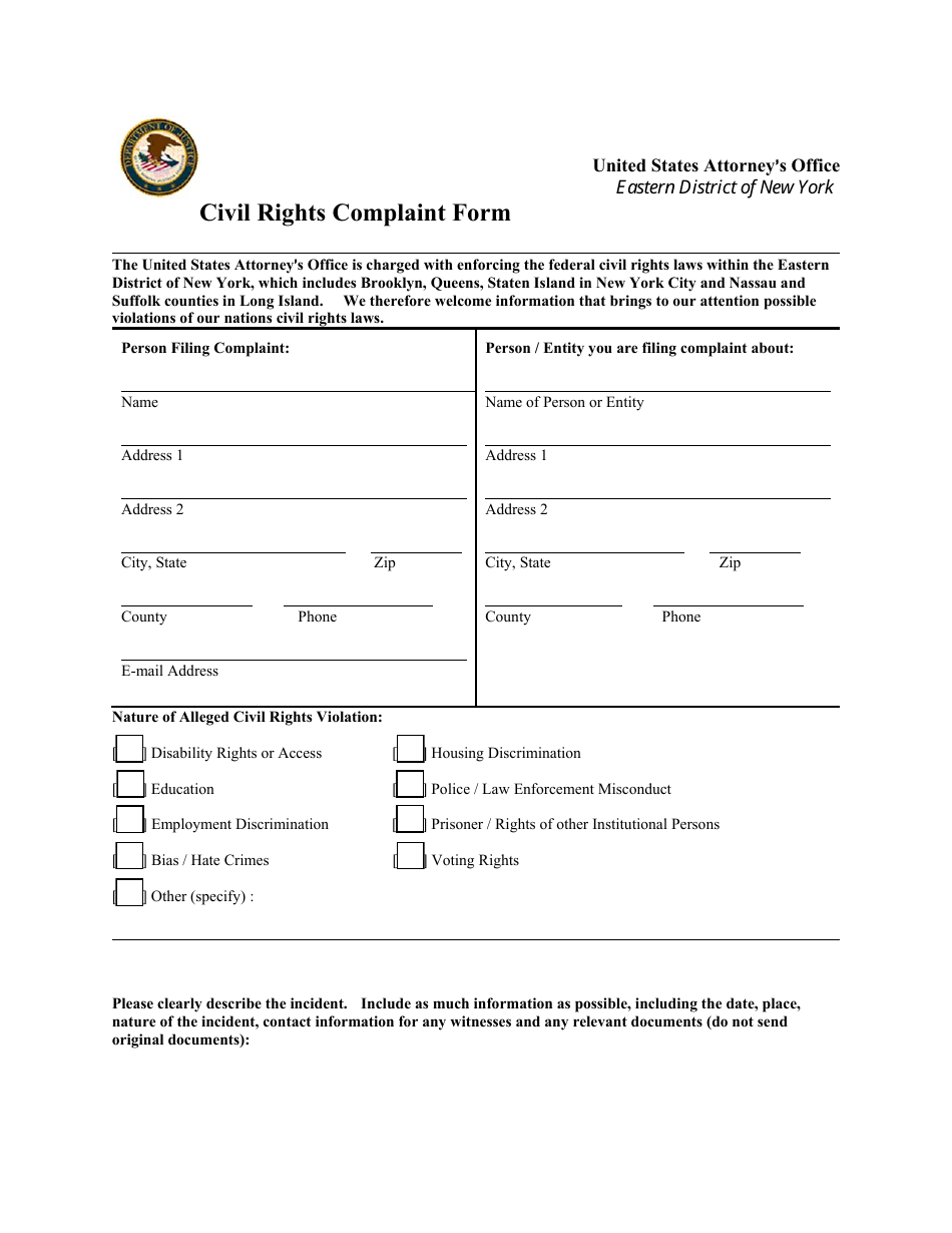Civil Rights Complaint Form - New York, Page 1