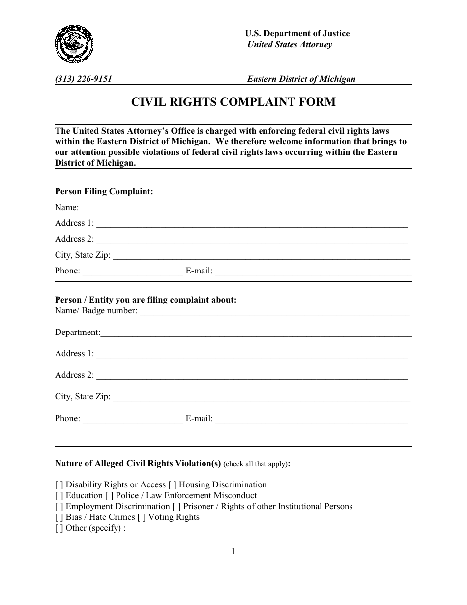 Civil Rights Complaint Form - Michigan, Page 1