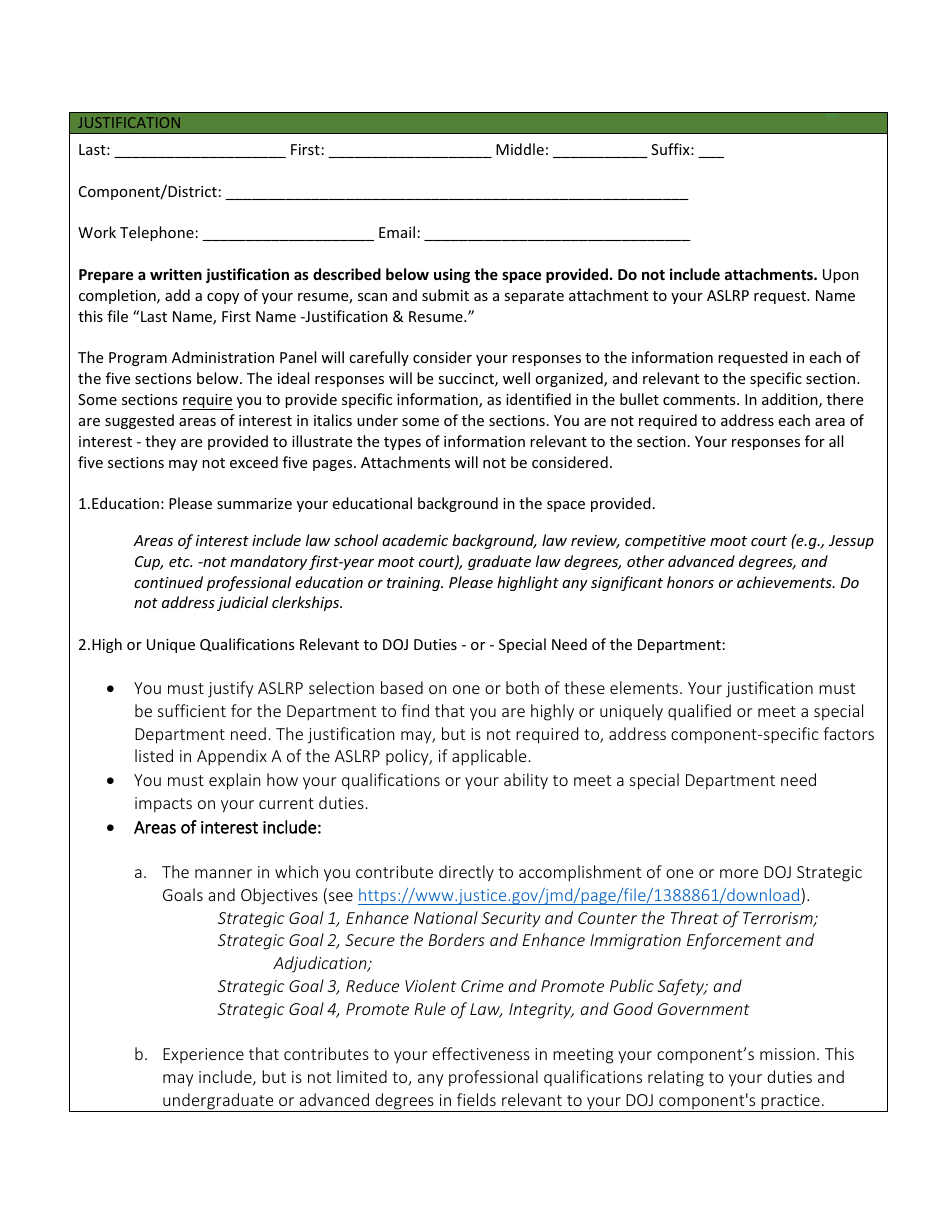 Aslrp Justification Fill Out, Sign Online and Download PDF