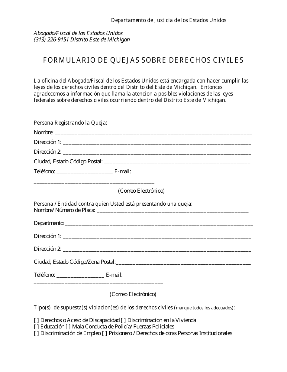 Formulario De Quejas Sobre Derechos Civiles - Michigan (Spanish), Page 1