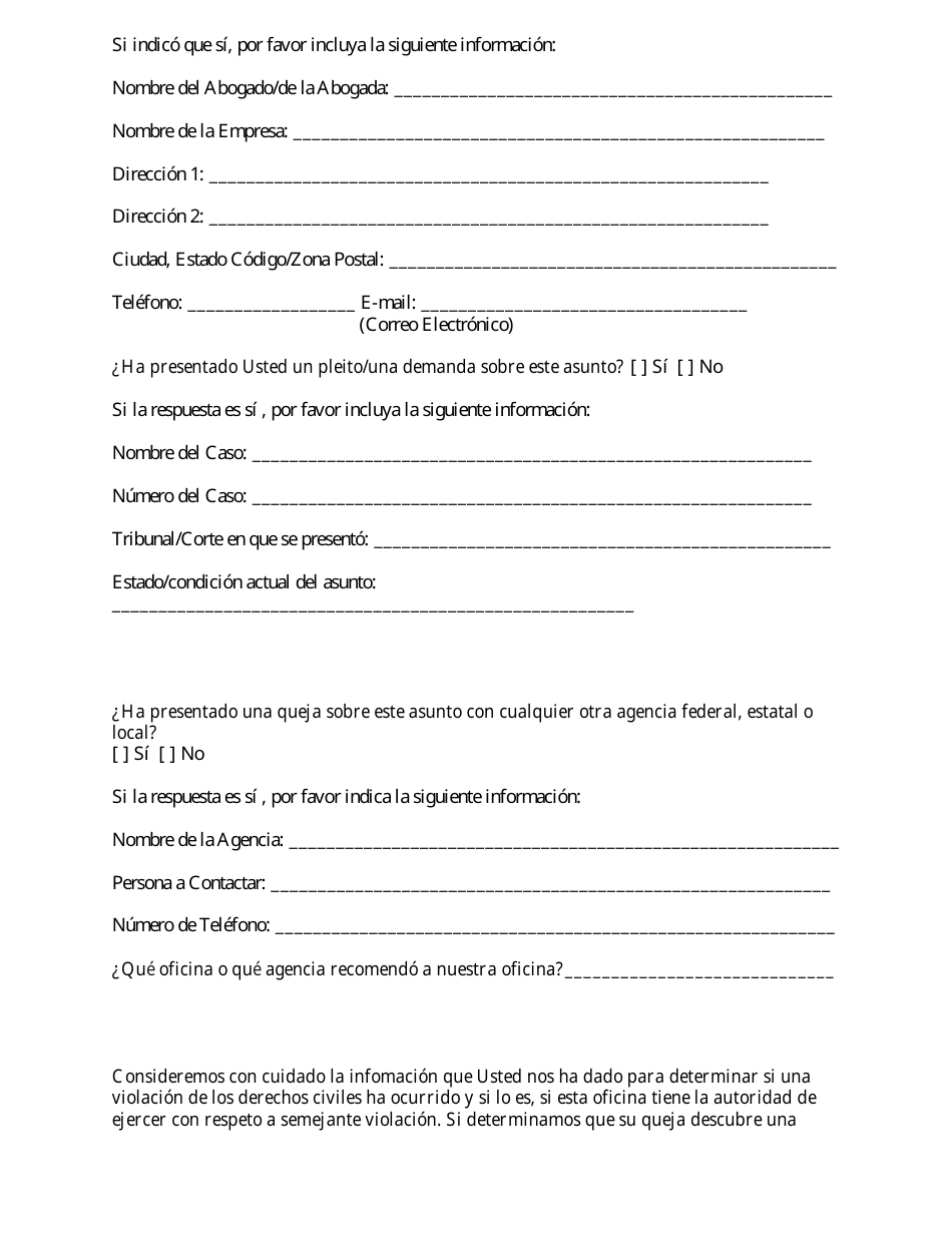 Formulario De Quejas Sobre Derechos Civiles - Michigan (Spanish), Page 3