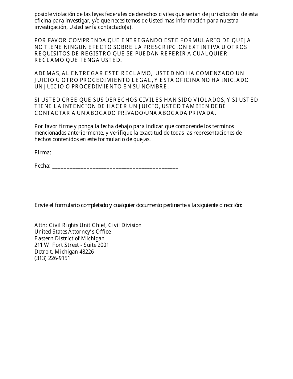Formulario De Quejas Sobre Derechos Civiles - Michigan (Spanish), Page 4