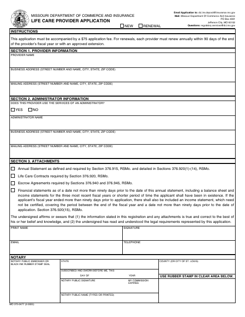 Form MO375-0477 Life Care Provider Application - Missouri