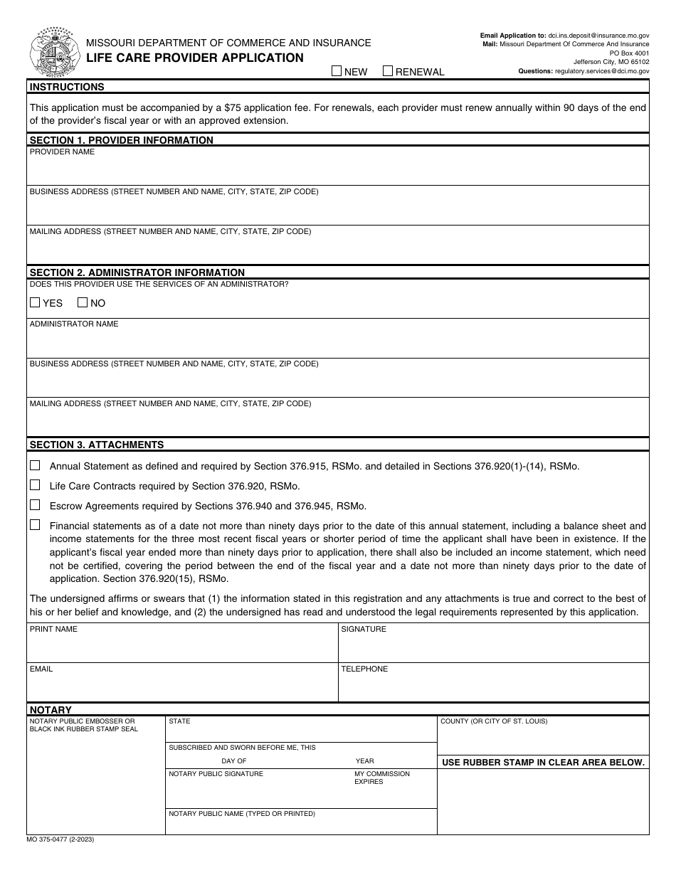 Form MO375-0477 Life Care Provider Application - Missouri, Page 1
