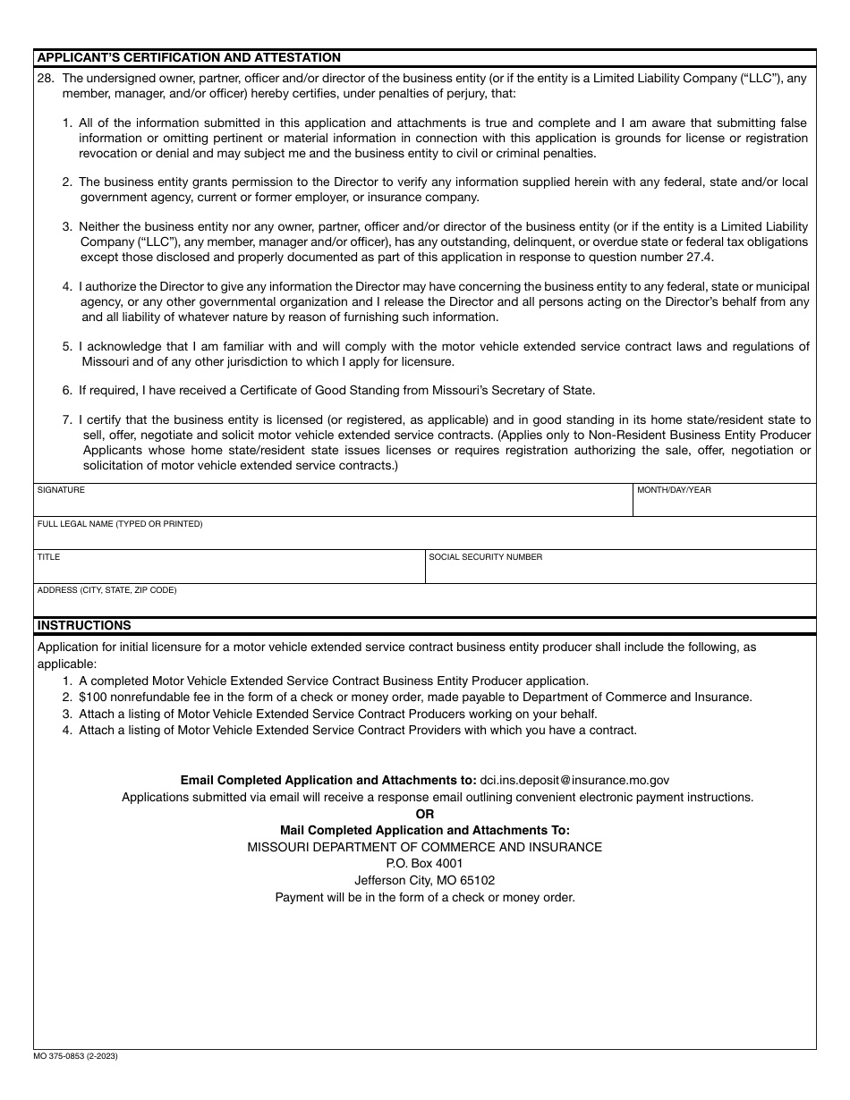 Form MO375-0853 Application for Motor Vehicle Extended Service Contract Business Entity Producer License - Missouri, Page 4