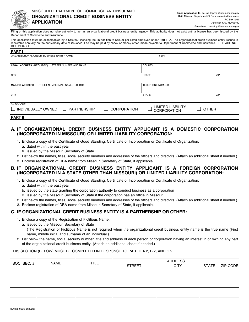 Form MO375-0096 Organizational Credit Business Entity Application - Missouri, Page 1