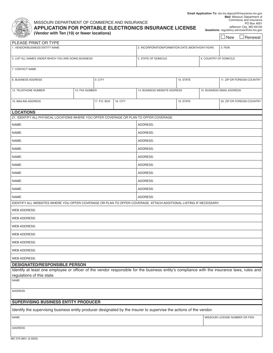 Form MO375-0851 Application for Portable Electronics Insurance License (Vendor With Ten (10) or Fewer Locations) - Missouri, Page 1