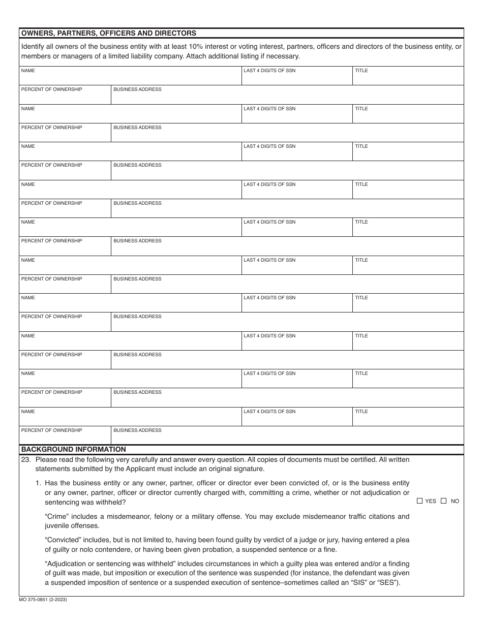 Form MO375-0851 Application for Portable Electronics Insurance License (Vendor With Ten (10) or Fewer Locations) - Missouri, Page 2