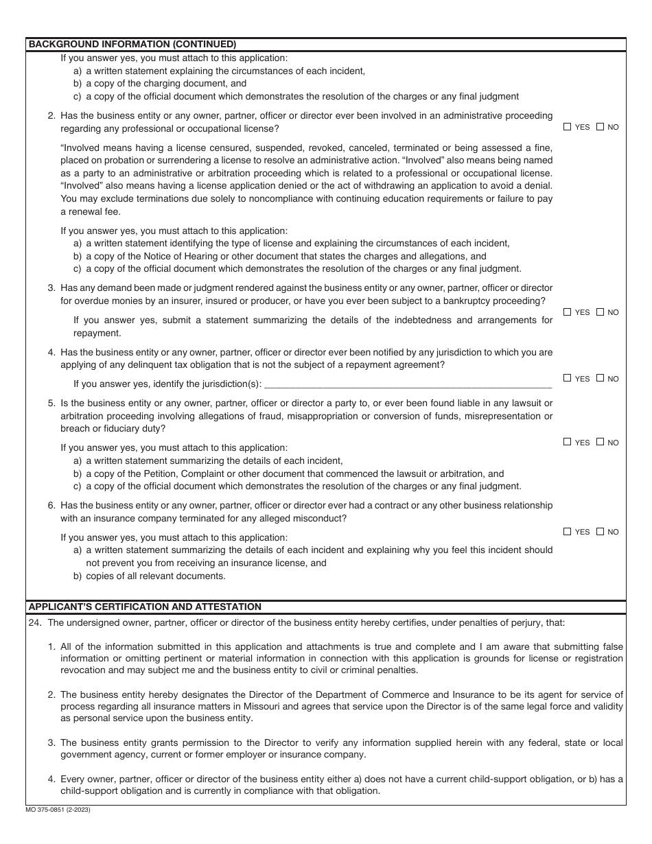 Form MO375-0851 Application for Portable Electronics Insurance License (Vendor With Ten (10) or Fewer Locations) - Missouri, Page 3