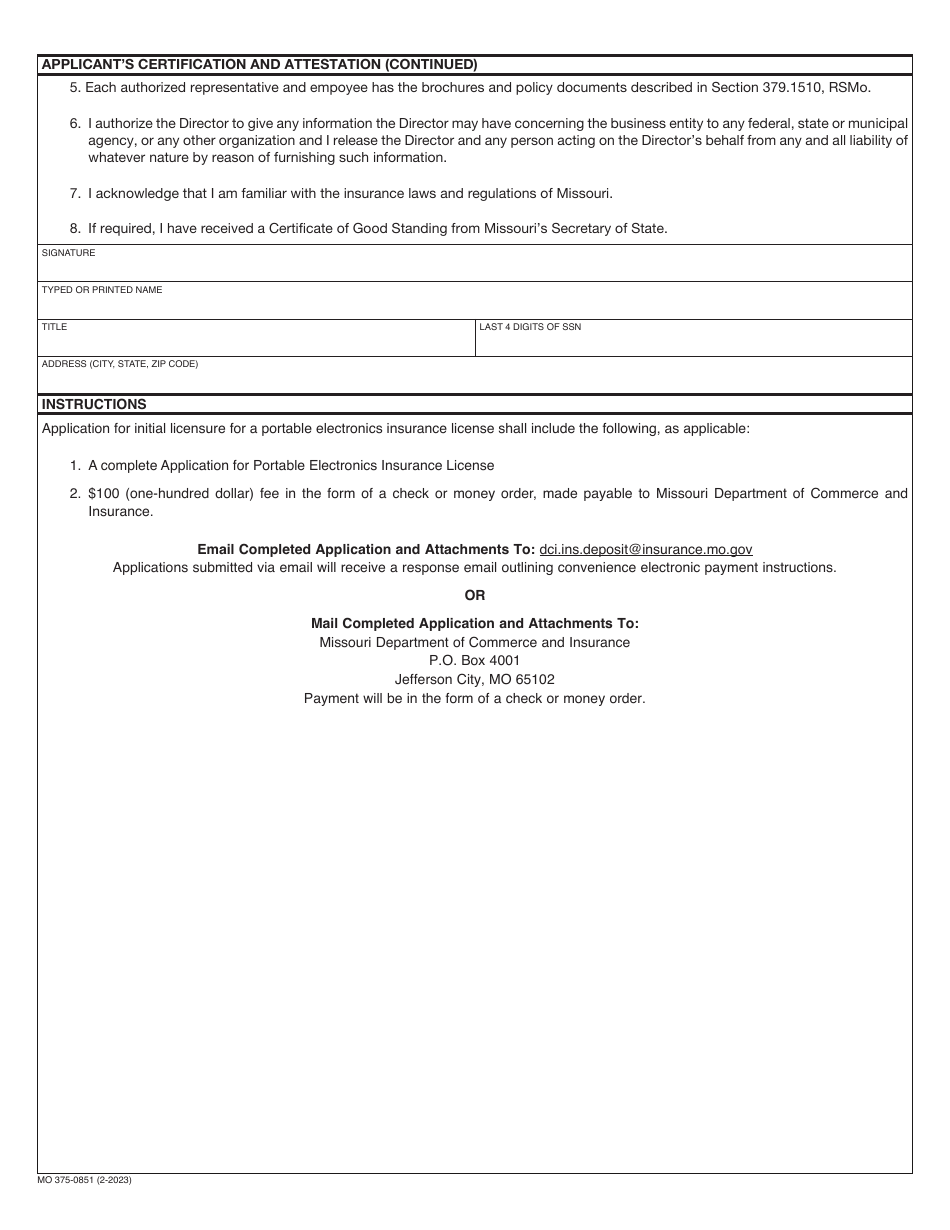 Form MO375-0851 Application for Portable Electronics Insurance License (Vendor With Ten (10) or Fewer Locations) - Missouri, Page 4
