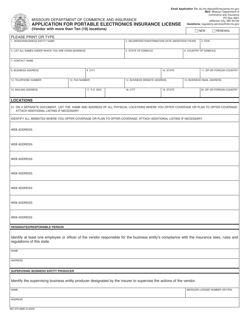 Form MO375-0868 Application for Portable Electronics Insurance License (Vendor With More Than Ten (10) Locations) - Missouri, Page 1