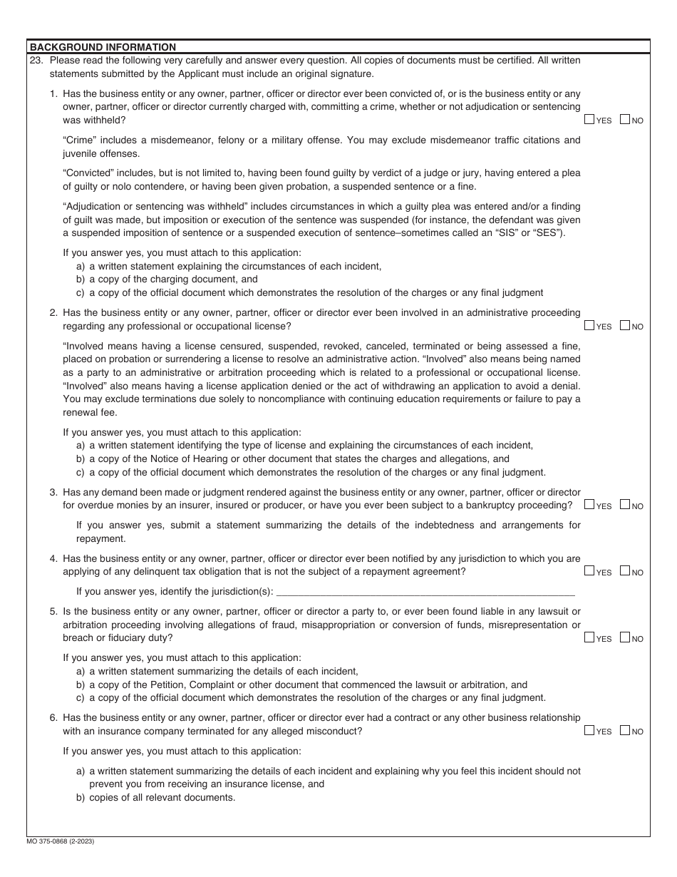Form MO375-0868 Application for Portable Electronics Insurance License (Vendor With More Than Ten (10) Locations) - Missouri, Page 2