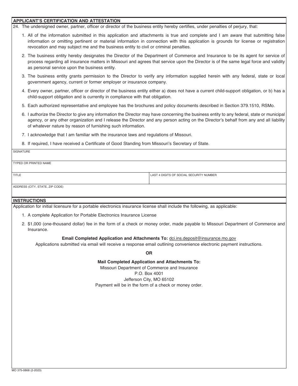 Form MO375-0868 Application for Portable Electronics Insurance License (Vendor With More Than Ten (10) Locations) - Missouri, Page 3