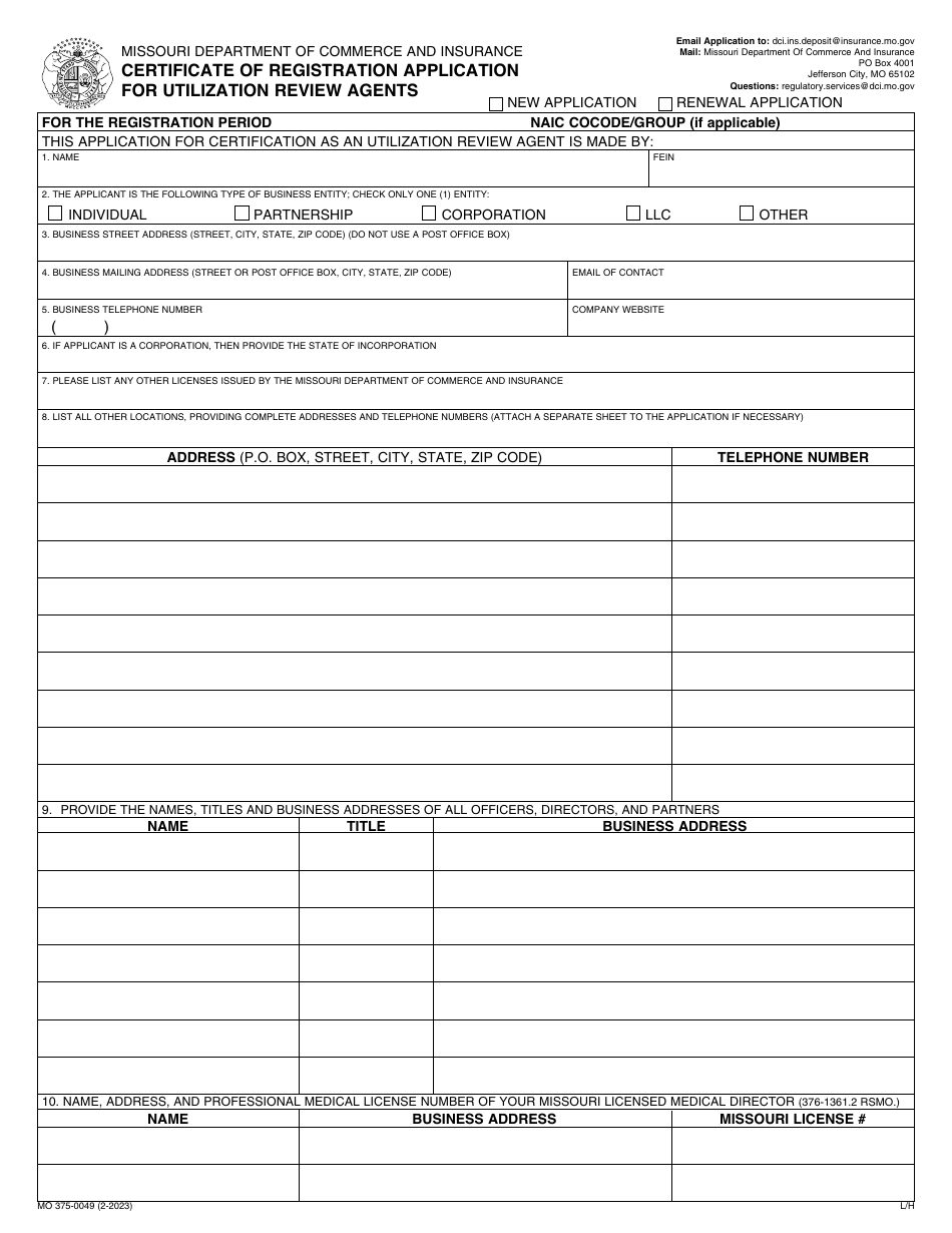 Form MO375-0049 Certificate of Registration Application for Utilization Review Agents - Missouri, Page 1