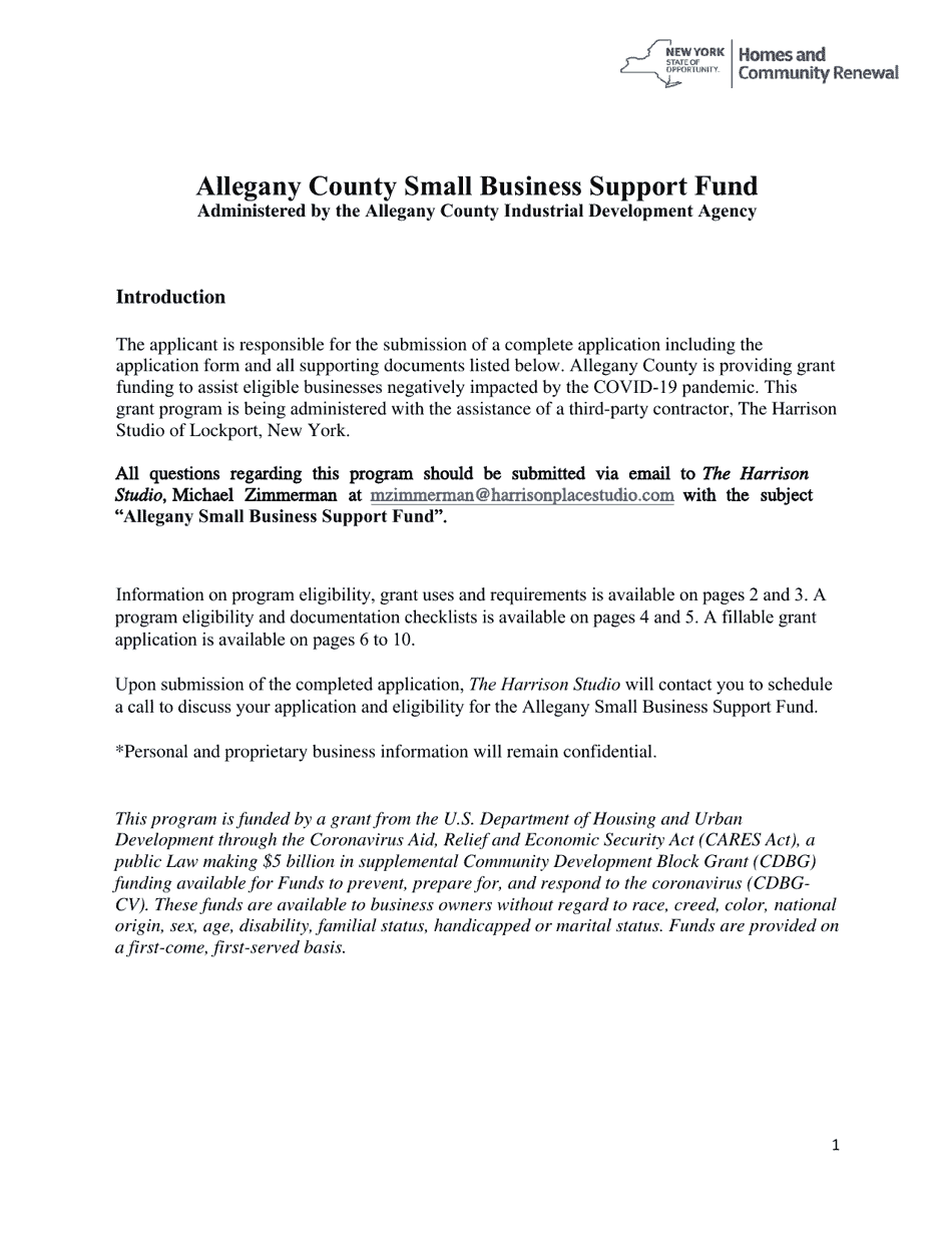 Small Business Support Grant Application - Allegany County, New York, Page 1