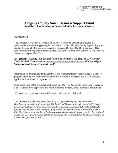 Small Business Support Grant Application - Allegany County, New York Download Pdf