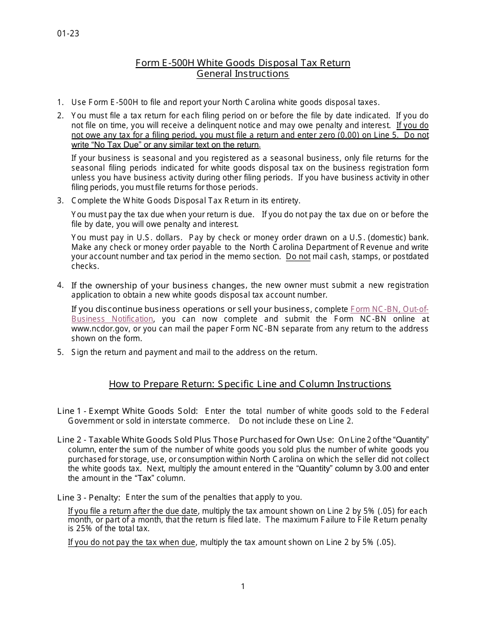 Instructions for Form E-500H White Goods Disposal Tax Return - North Carolina, Page 1