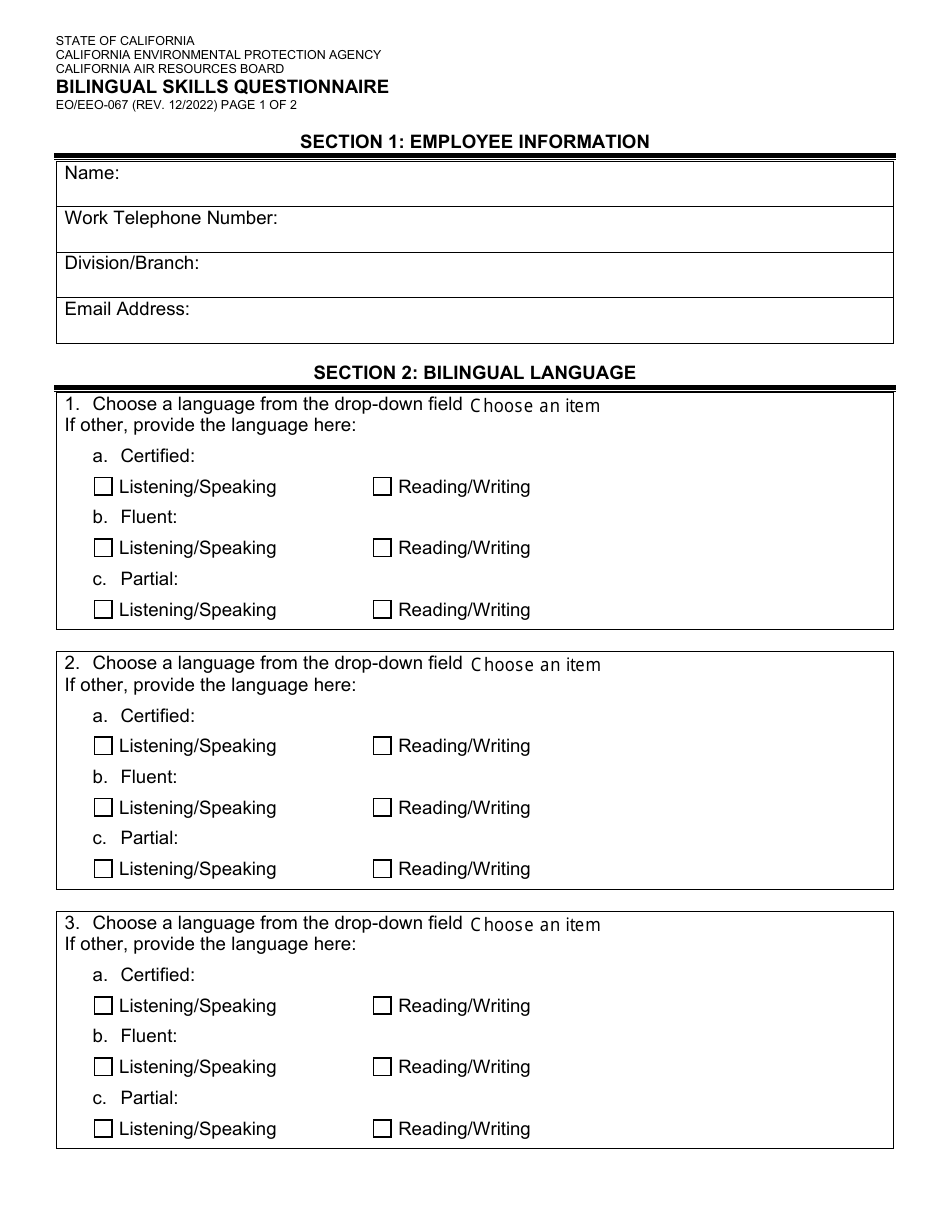 Form EO / EEO-067 Bilingual Skills Questionnaire - California, Page 1