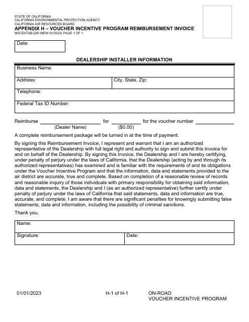 Form MSCD/ITAB-229 Appendix H Voucher Incentive Program Reimbursement Invoice - California